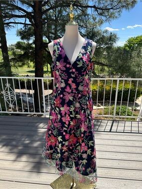 Jessica Howard Navy Midi Dress with Pink & Green Floral Embroidery